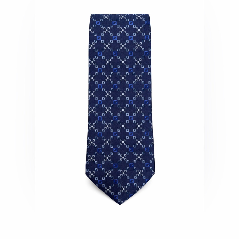 Fendi Silk Necktie Navy Blue FF Logo‎ Geometric Made in Italy